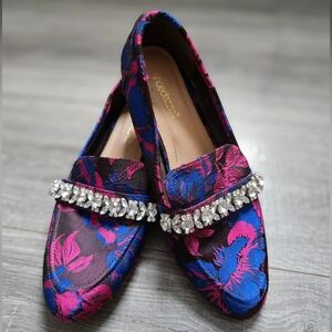 Shoedazzle Pink Blue Floral Tapestry Brocade Rhinestone Slip On loafers 9.5